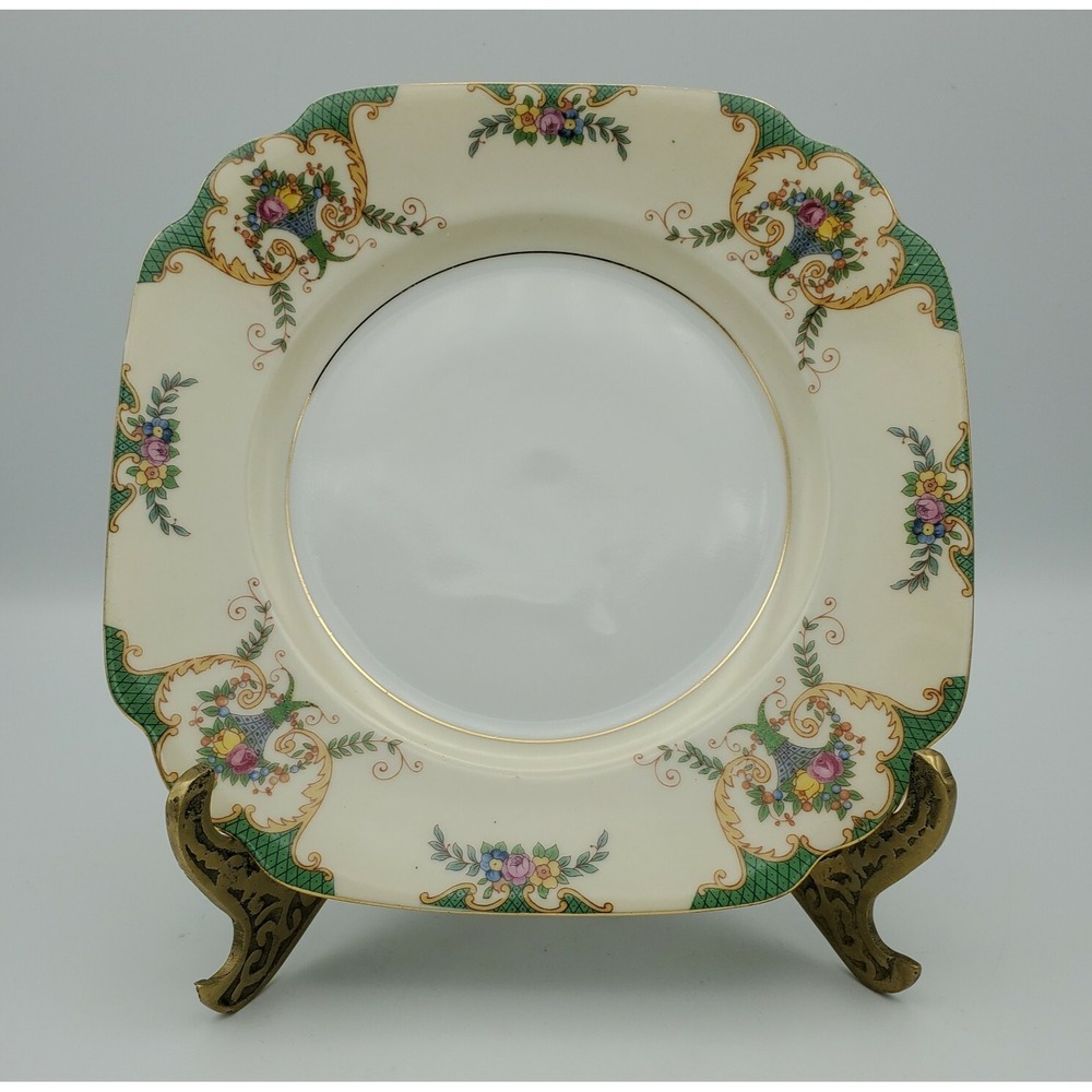 Gebruder Benedikt Czechoslovakia Bread‎ Plate Gilt Green Border Floral Basket 7"
